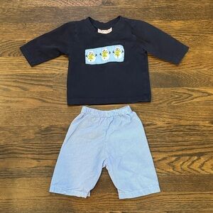 Navy Smocked Embroidered Snowman Top and Blue Gingham Pants Set